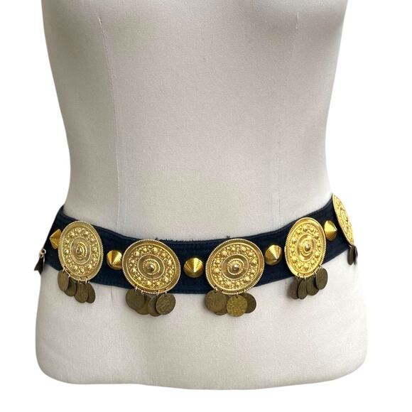 Sonia Rykiel Vintage Black Sash Gold Tone Brass Medallion Coins Studs Belt main image 6